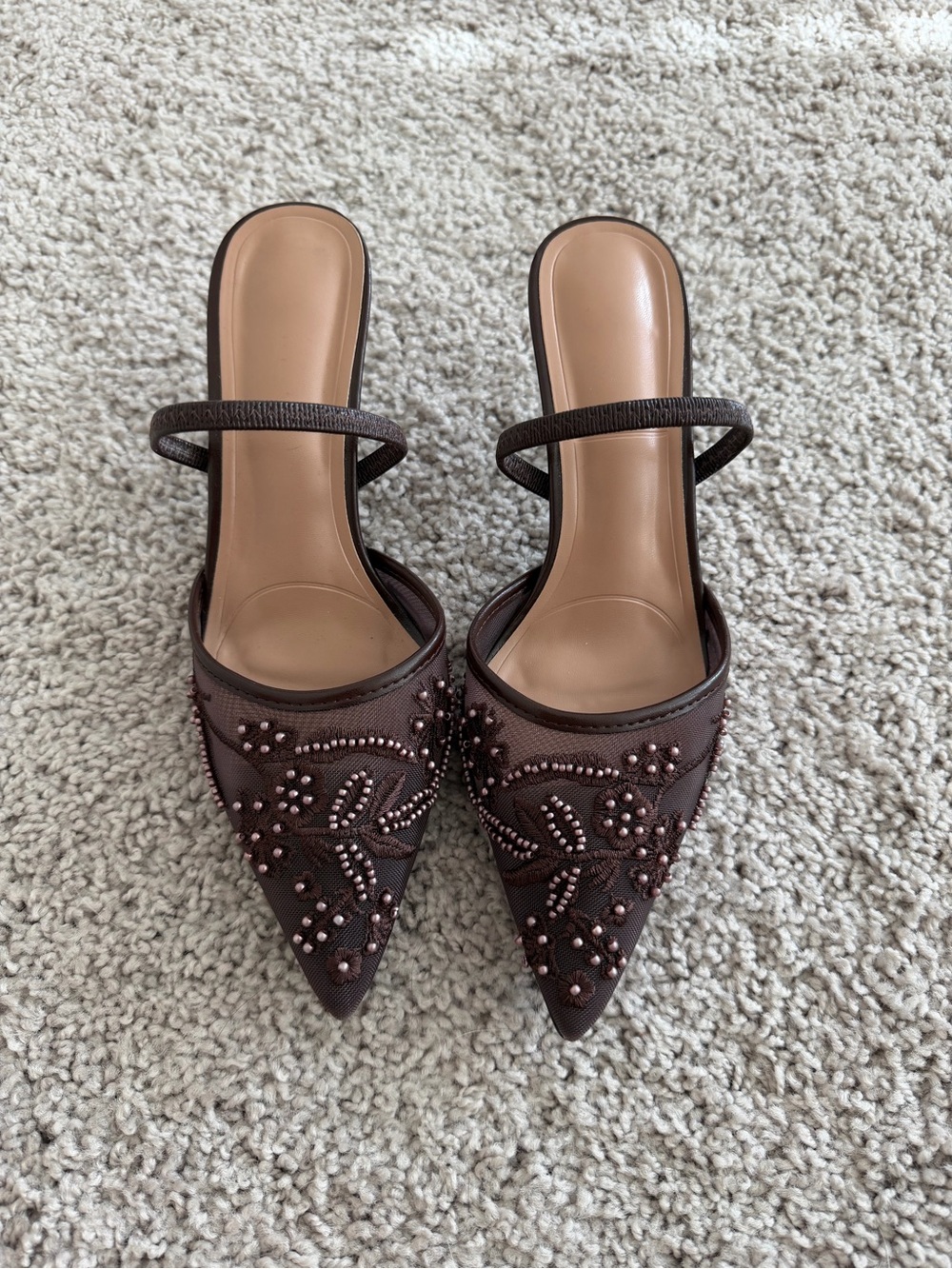 Chocolate brown beaded embellished Pointed Toe heels 🤎